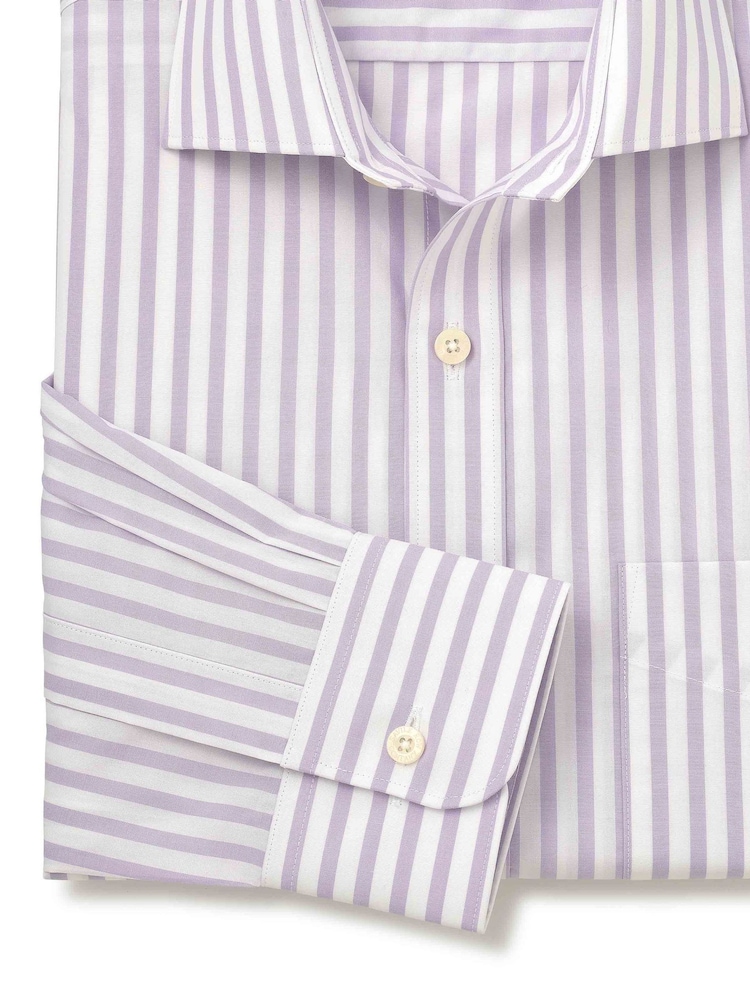 Fioletowy - Savile Row Company Classic Fit Striped Cotton Poplin Single Cuff Formal Shirt - Obraz 2 z 3