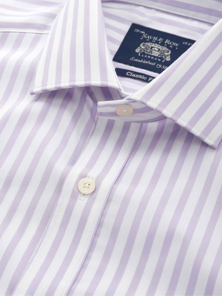 Fioletowy - Savile Row Company Classic Fit Striped Cotton Poplin Single Cuff Formal Shirt - Obraz 3 z 3