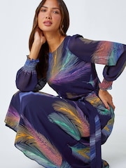 Roman Purple Feather Print Belted Midi Dress - Image 1 of 5