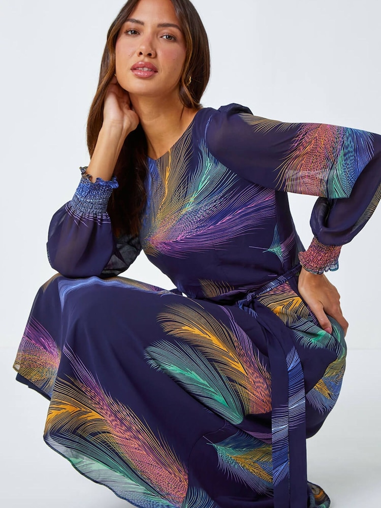 Roman Purple Feather Print Belted Midi Dress - Image 1 of 5