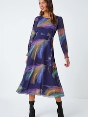 Roman Purple Feather Print Belted Midi Dress - Image 2 of 5