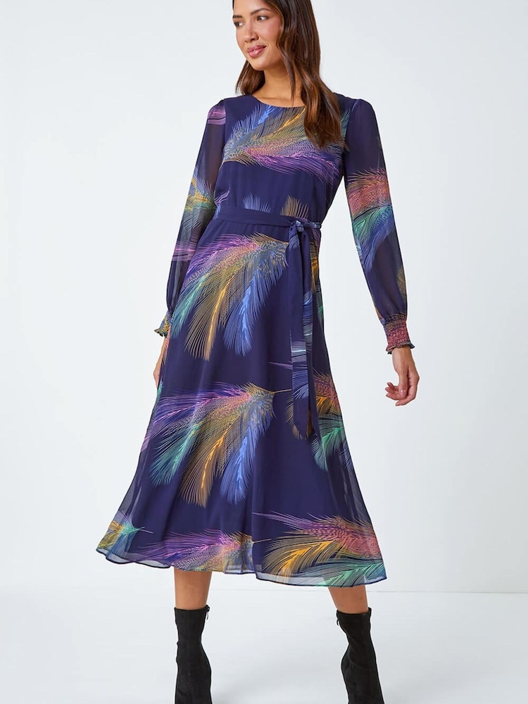 Roman Purple Feather Print Belted Midi Dress - Image 2 of 5