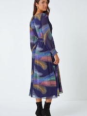 Roman Purple Feather Print Belted Midi Dress - Image 3 of 5