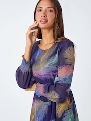 Roman Purple Feather Print Belted Midi Dress - Image 4 of 5