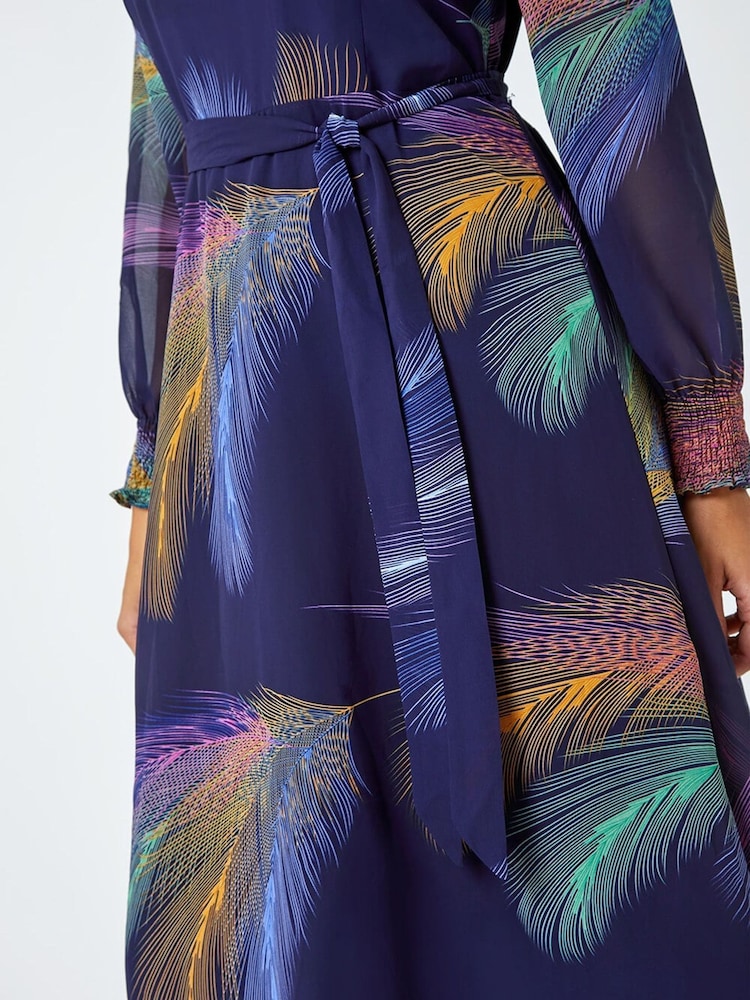 Roman Purple Feather Print Belted Midi Dress - Image 5 of 5