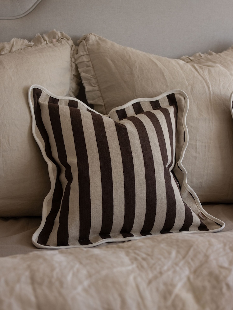 Ellenvale Interiors Dark Brown Striped Scalloped Edge 45 x 45cm Cushion Cover - Image 1 of 3 Ellenvale Interiors Dark Brown Striped Scalloped Edge 45 x 45cm Cushion Cover - Image 1 of 3