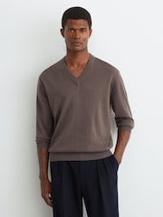 Reiss Ridge Brown Earlsfield Merino Wool V-Neck Jumper - Image 1 of 6
