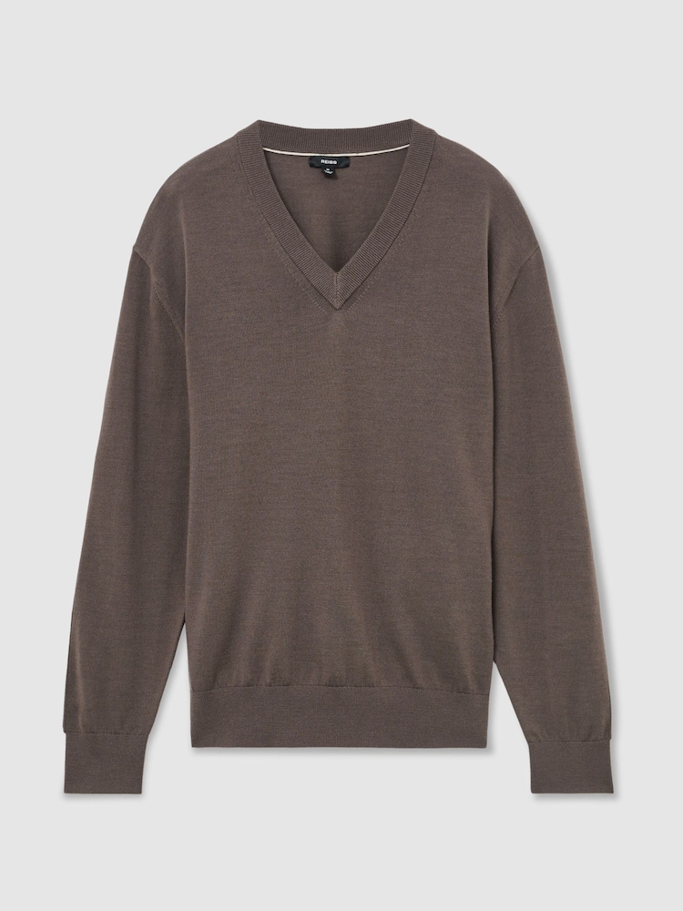 Reiss Ridge Brown Earlsfield Merino Wool V-Neck Jumper - Image 2 of 6