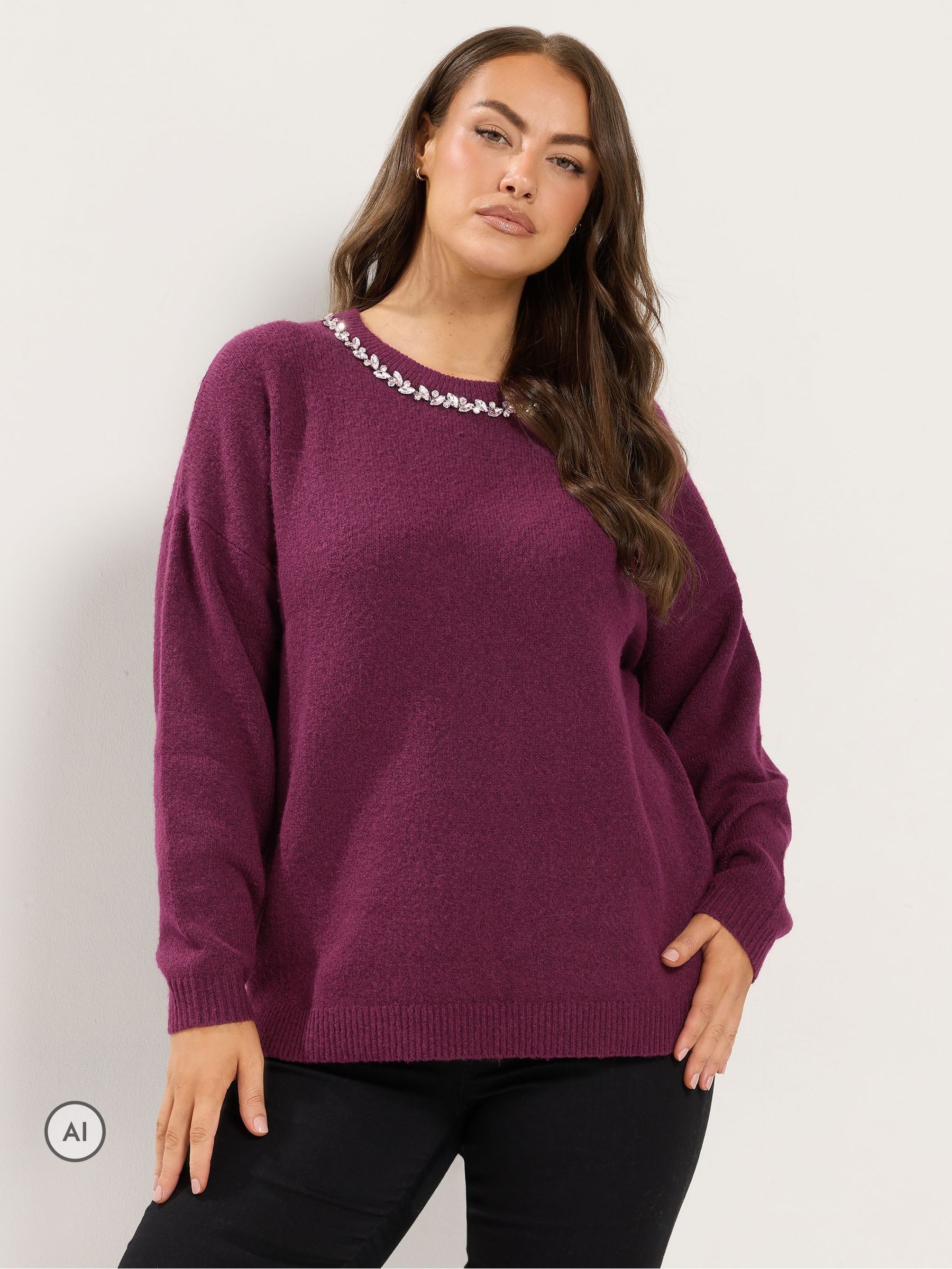 Yours Women's Diamante Trim Knitted Jumper in Burgundy | Size: 30-32 - Image 2