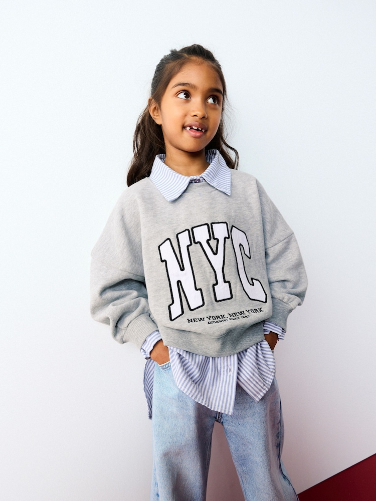 Grey Slogan Mock Shirt Sweatshirt (3-16yrs) - Image 1 of 9