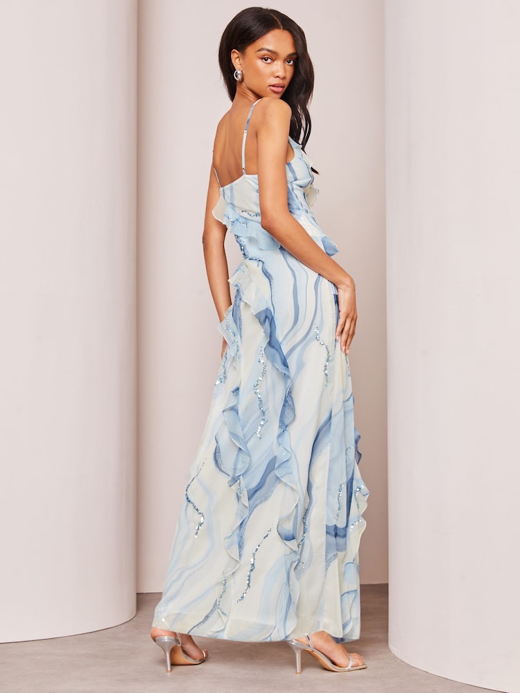 Lipsy Blue Print Sequin Ruffle Cami Summer Maxi Dress - Image 2 of 4 Lipsy Blue Print Sequin Ruffle Cami Summer Maxi Dress - Image 2 of 4