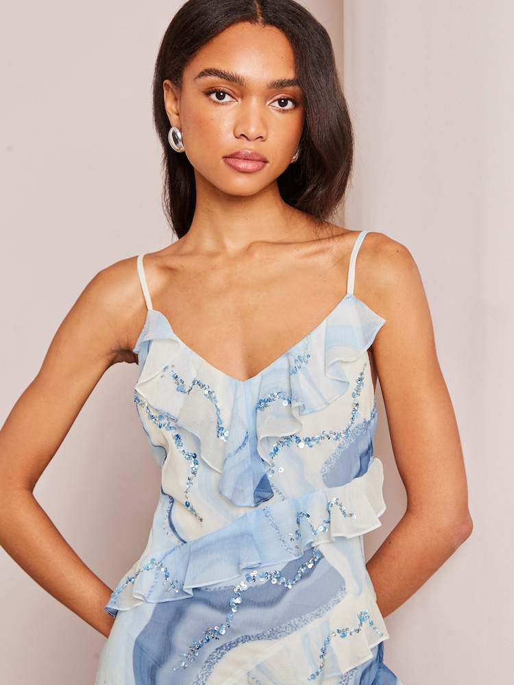 Lipsy Blue Print Sequin Ruffle Cami Summer Maxi Dress - Image 4 of 4 Lipsy Blue Print Sequin Ruffle Cami Summer Maxi Dress - Image 4 of 4