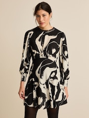 Black/White Mono Floral Long Sleeve Mini Dress - Image 1 of 6