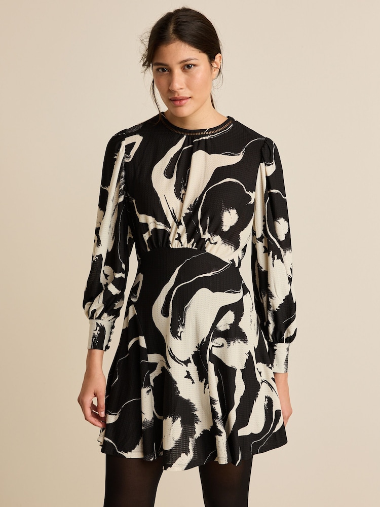 Black/White Mono Floral Long Sleeve Mini Dress - Image 1 of 6