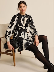 Black/White Mono Floral Long Sleeve Mini Dress - Image 2 of 6