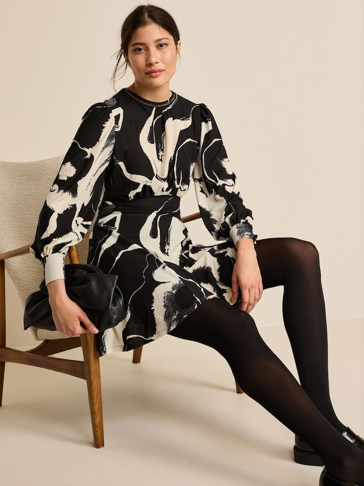 Black/White Mono Floral Long Sleeve Mini Dress - Image 2 of 6