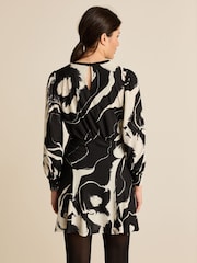 Black/White Mono Floral Long Sleeve Mini Dress - Image 3 of 6