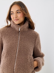 Threadbare Brown Funnel Neck Borg Bomber Jacket - Image 1 of 5