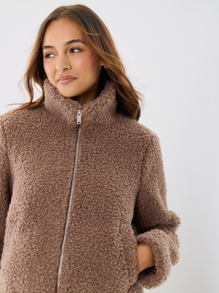 Threadbare Brown Funnel Neck Borg Bomber Jacket - Image 1 of 5