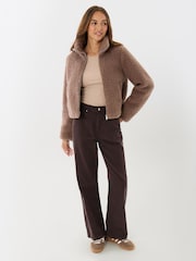 Threadbare Brown Funnel Neck Borg Bomber Jacket - Image 3 of 5