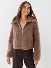 Threadbare Brown Funnel Neck Borg Bomber Jacket - Image 4 of 5