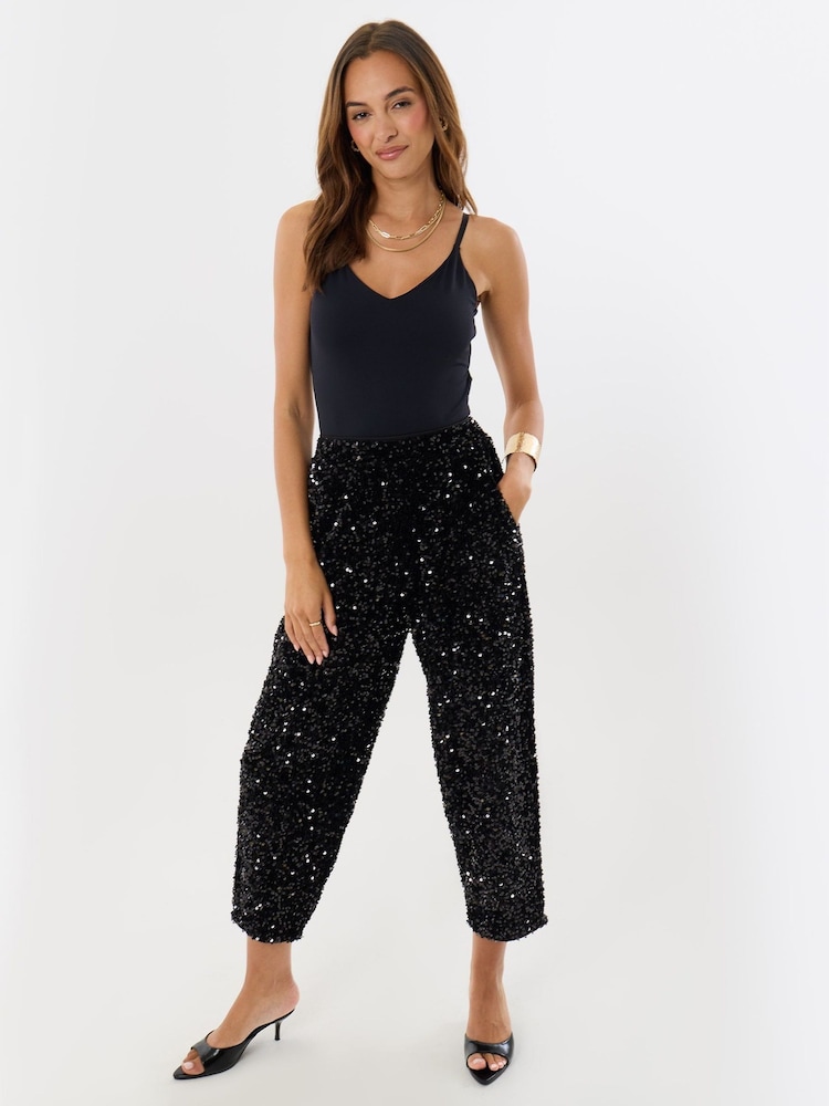 Threadbare Black Barrel Leg Sequin Wide Leg Trousers - Image 1 of 4 Threadbare Black Barrel Leg Sequin Wide Leg Trousers - Image 1 of 4