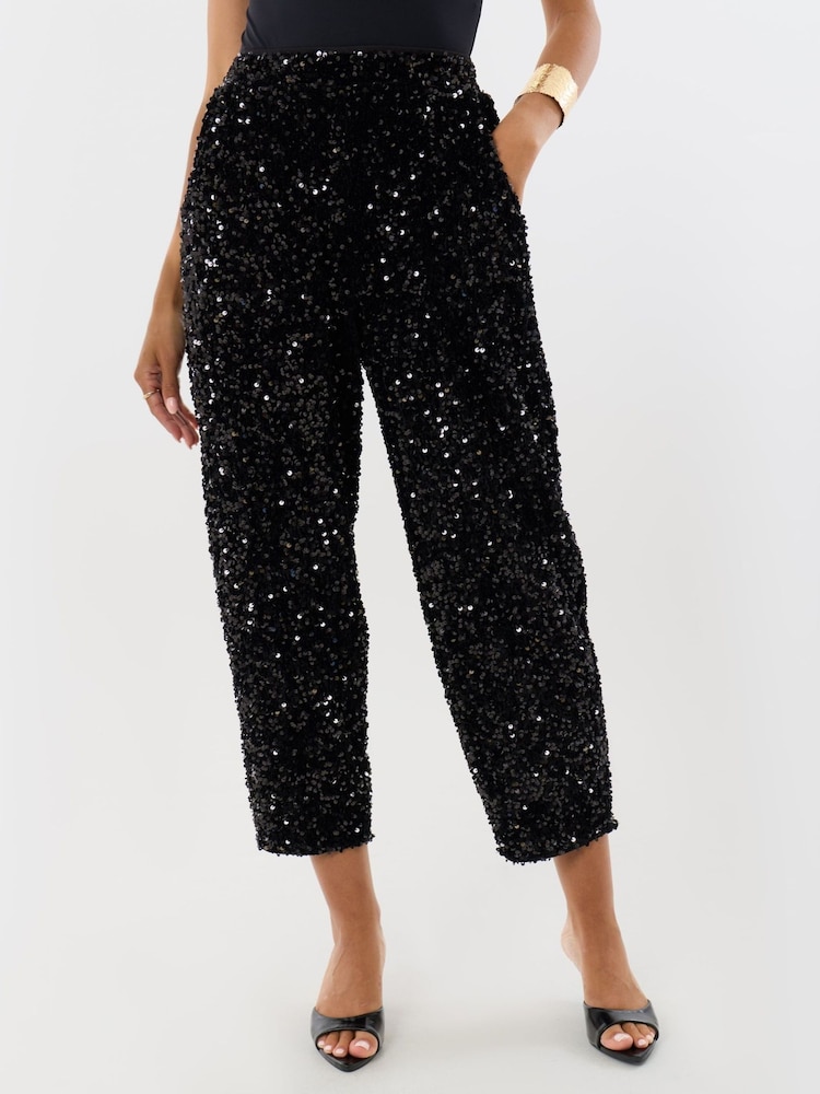 Threadbare Black Barrel Leg Sequin Wide Leg Trousers - Image 2 of 4 Threadbare Black Barrel Leg Sequin Wide Leg Trousers - Image 2 of 4