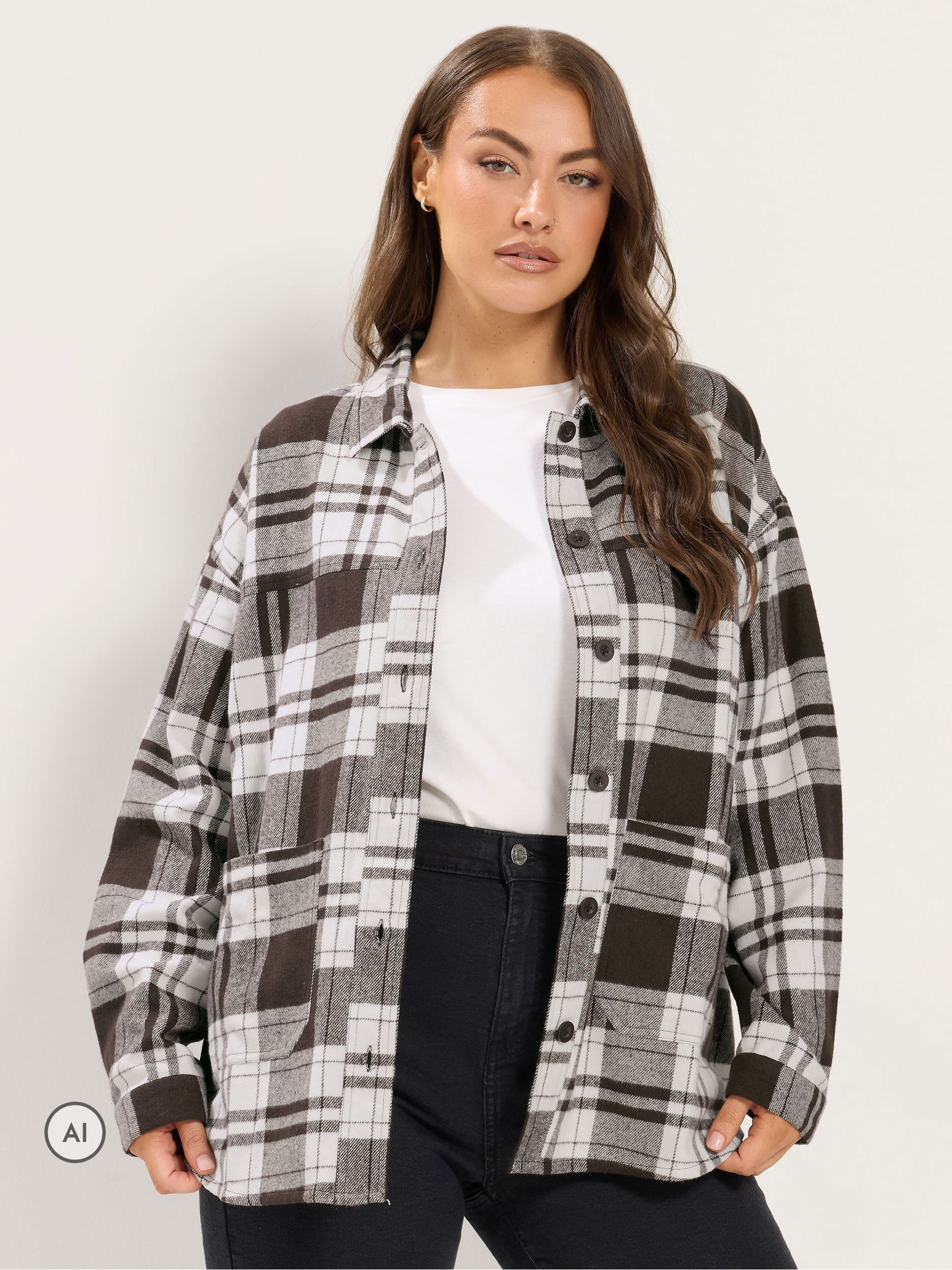 Yours Women's Long Sleeve Check Shacket in Dark Brown | Size: 30-32 - Image 6