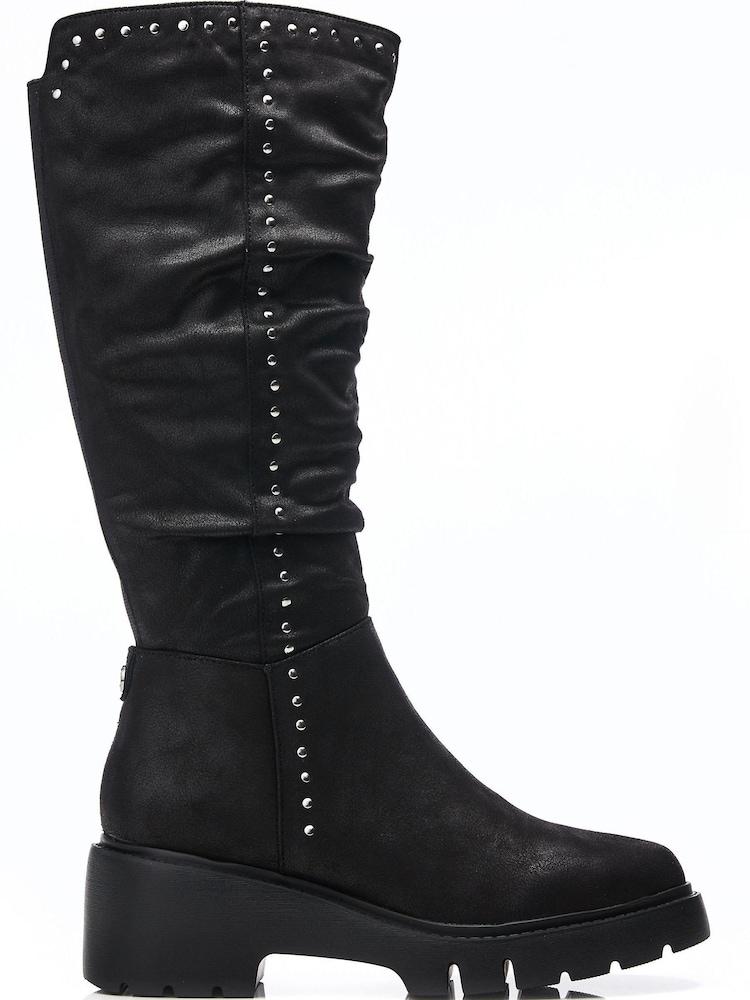 Moda in Pelle Halsey Rouched Wedge Long Black Boots - Image 1 of 4