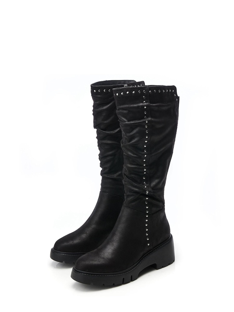 Moda in Pelle Halsey Rouched Wedge Long Black Boots - Image 2 of 4