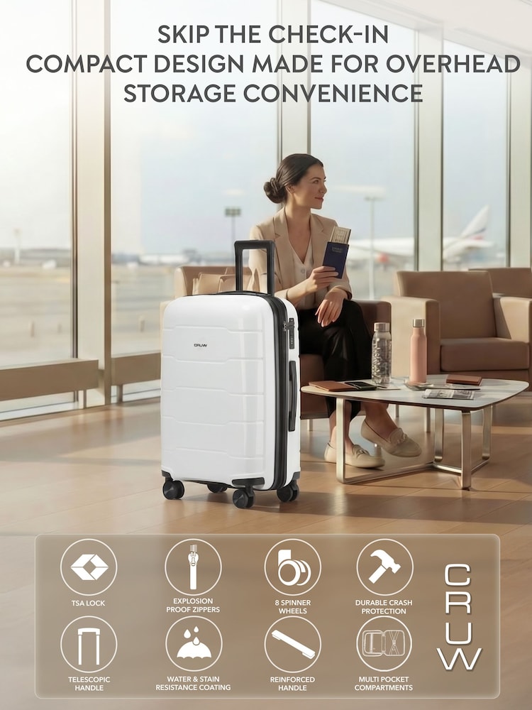 CRUW White Hand Luggage TSA Lock Silent Double Spinner Wheels Bag - Image 2 of 9 CRUW White Hand Luggage TSA Lock Silent Double Spinner Wheels Bag - Image 2 of 9