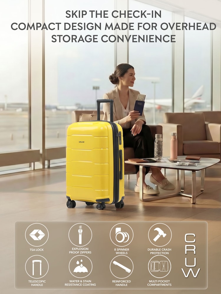 CRUW Yellow Hand Luggage TSA Lock Silent Double Spinner Wheels Bag - Image 2 of 9 CRUW Yellow Hand Luggage TSA Lock Silent Double Spinner Wheels Bag - Image 2 of 9