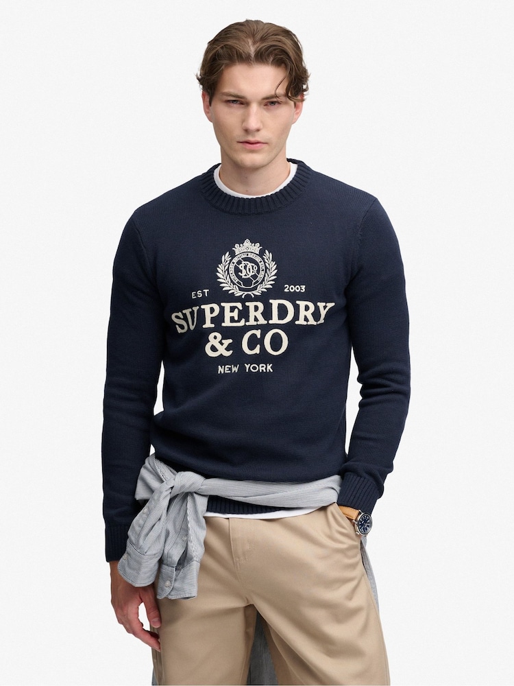 Superdry Blue Applique Graphic Jumper - Image 1 of 5 Superdry Blue Applique Graphic Jumper - Image 1 of 5