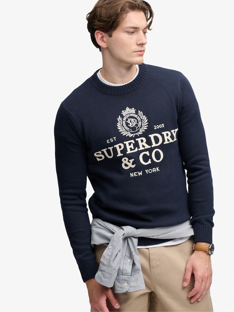 Superdry Blue Applique Graphic Jumper - Image 2 of 5 Superdry Blue Applique Graphic Jumper - Image 2 of 5