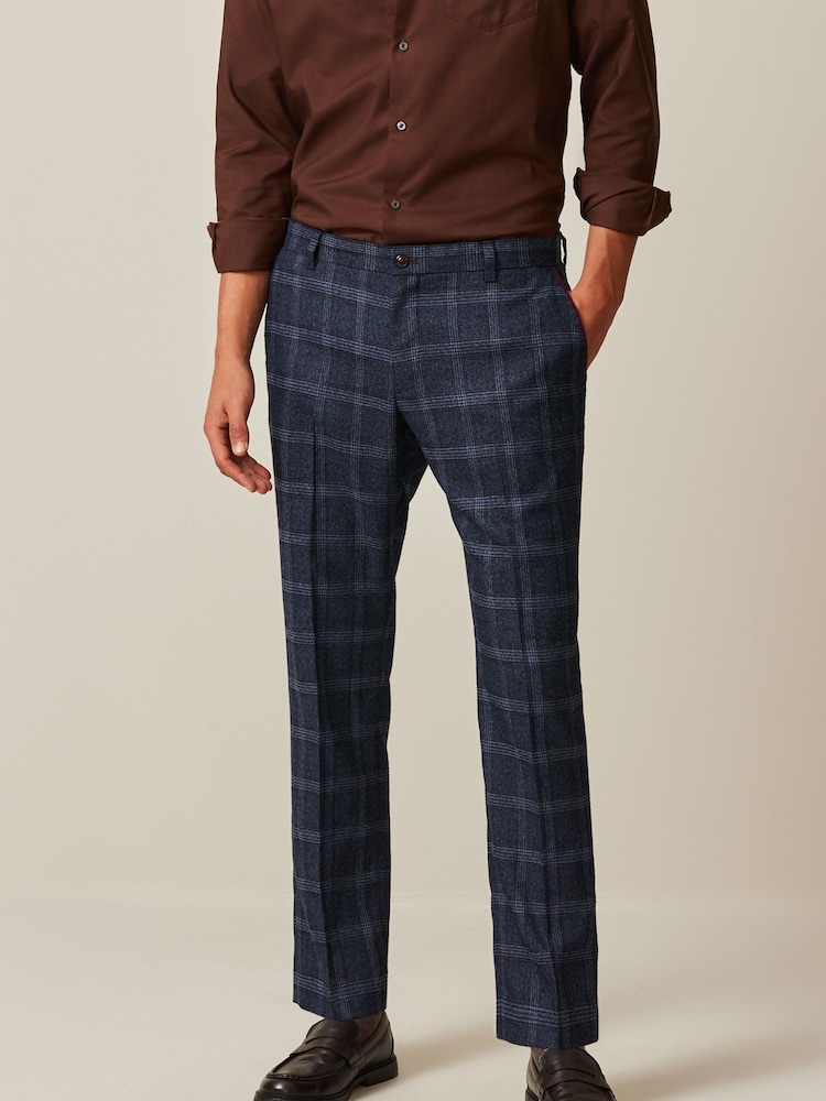 Navy Slim Trimmed Check Trousers - Image 1 of 11 Navy Slim Trimmed Check Trousers - Image 1 of 11