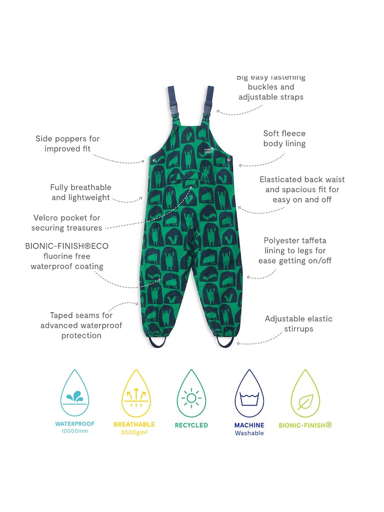 Muddy Puddles Green Waterproof EcoSplash Dungarees - Image 5 of 5 Muddy Puddles Green Waterproof EcoSplash Dungarees - Image 5 of 5