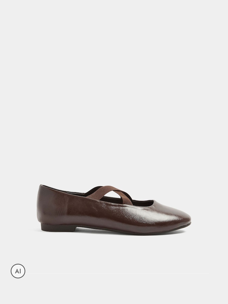 Long Tall Sally Brown Cross Over Elasticated Ballerina Pumps In Standard Fit - Image 2 of 5 Long Tall Sally Brown Cross Over Elasticated Ballerina Pumps In Standard Fit - Image 2 of 5