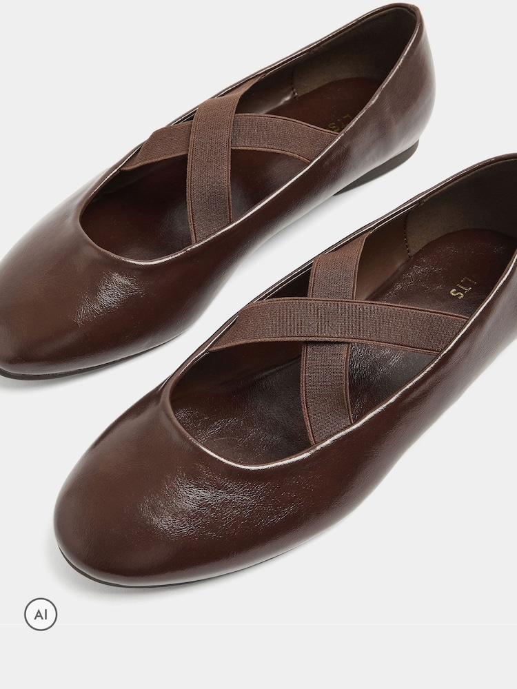 Long Tall Sally Brown Cross Over Elasticated Ballerina Pumps In Standard Fit - Image 5 of 5 Long Tall Sally Brown Cross Over Elasticated Ballerina Pumps In Standard Fit - Image 5 of 5