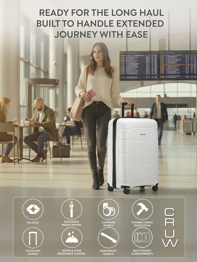 CRUW White Extra 32" Checked Luggage + Expandable Hold Baggage Polypropylene Suitcase - Image 2 of 8 CRUW White Extra 32" Checked Luggage + Expandable Hold Baggage Polypropylene Suitcase - Image 2 of 8
