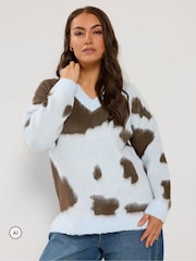 Yours Curve Blue Brushed Cow Print Knitted Jumper - Image 1 of 6