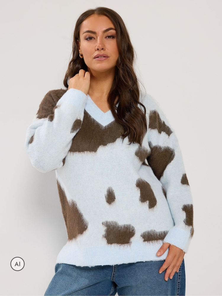 Yours Curve Blue Brushed Cow Print Knitted Jumper - Image 1 of 6 Yours Curve Blue Brushed Cow Print Knitted Jumper - Image 1 of 6