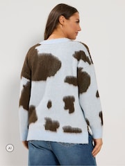 Yours Curve Blue Brushed Cow Print Knitted Jumper - Image 3 of 6