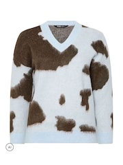 Yours Curve Blue Brushed Cow Print Knitted Jumper - Image 5 of 6