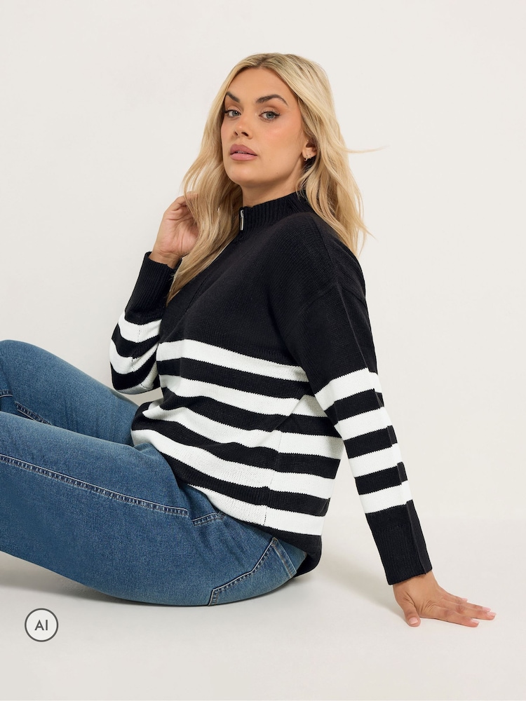 Yours Curve Black Stripe Quarter Zip Jumper - Image 1 of 6 Yours Curve Black Stripe Quarter Zip Jumper - Image 1 of 6