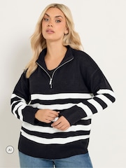 Yours Curve Black Stripe Quarter Zip Jumper - Image 2 of 6