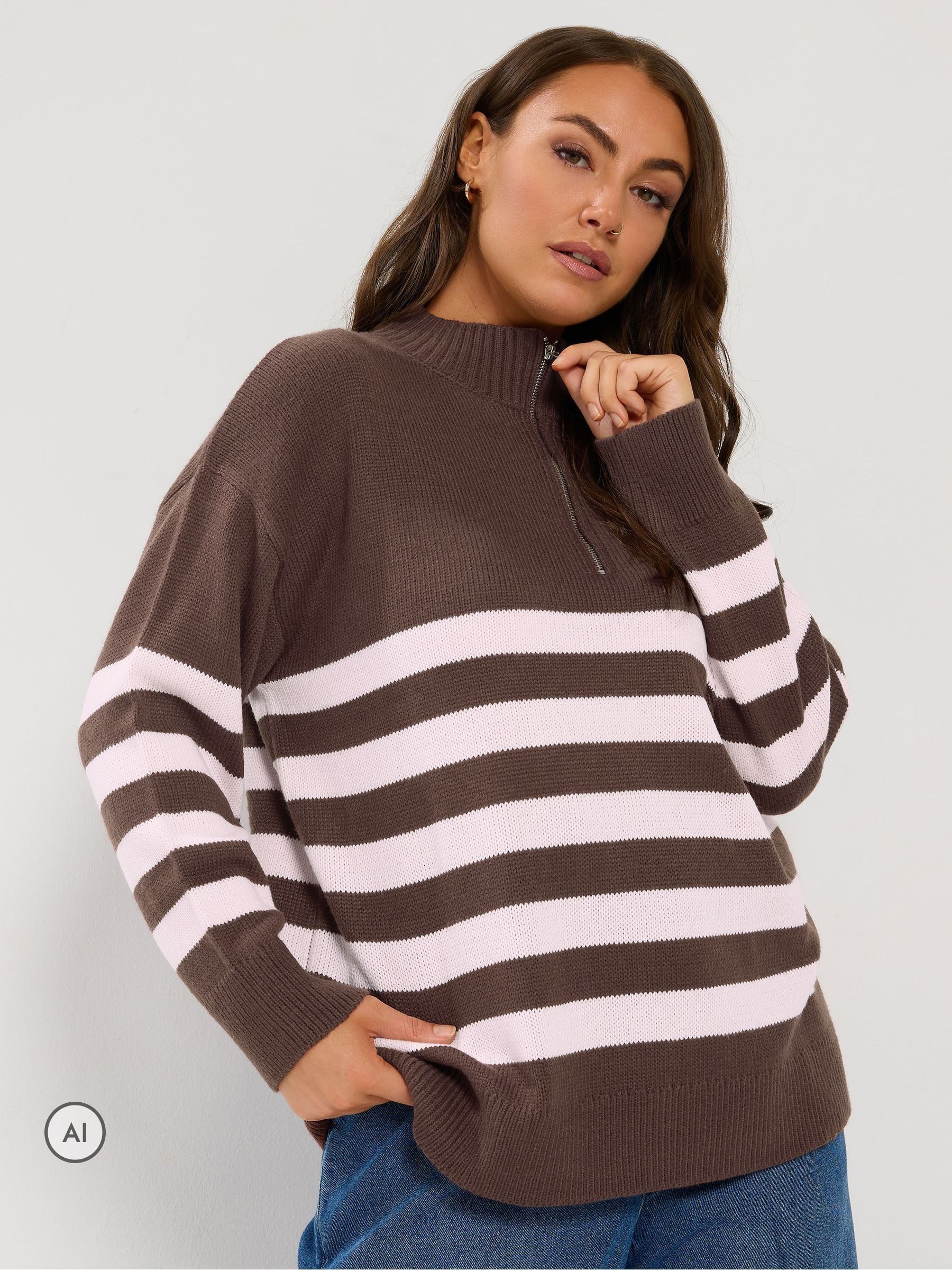 Yours Curve Women's Brown Stripe Quarter Zip Jumper - Image 1