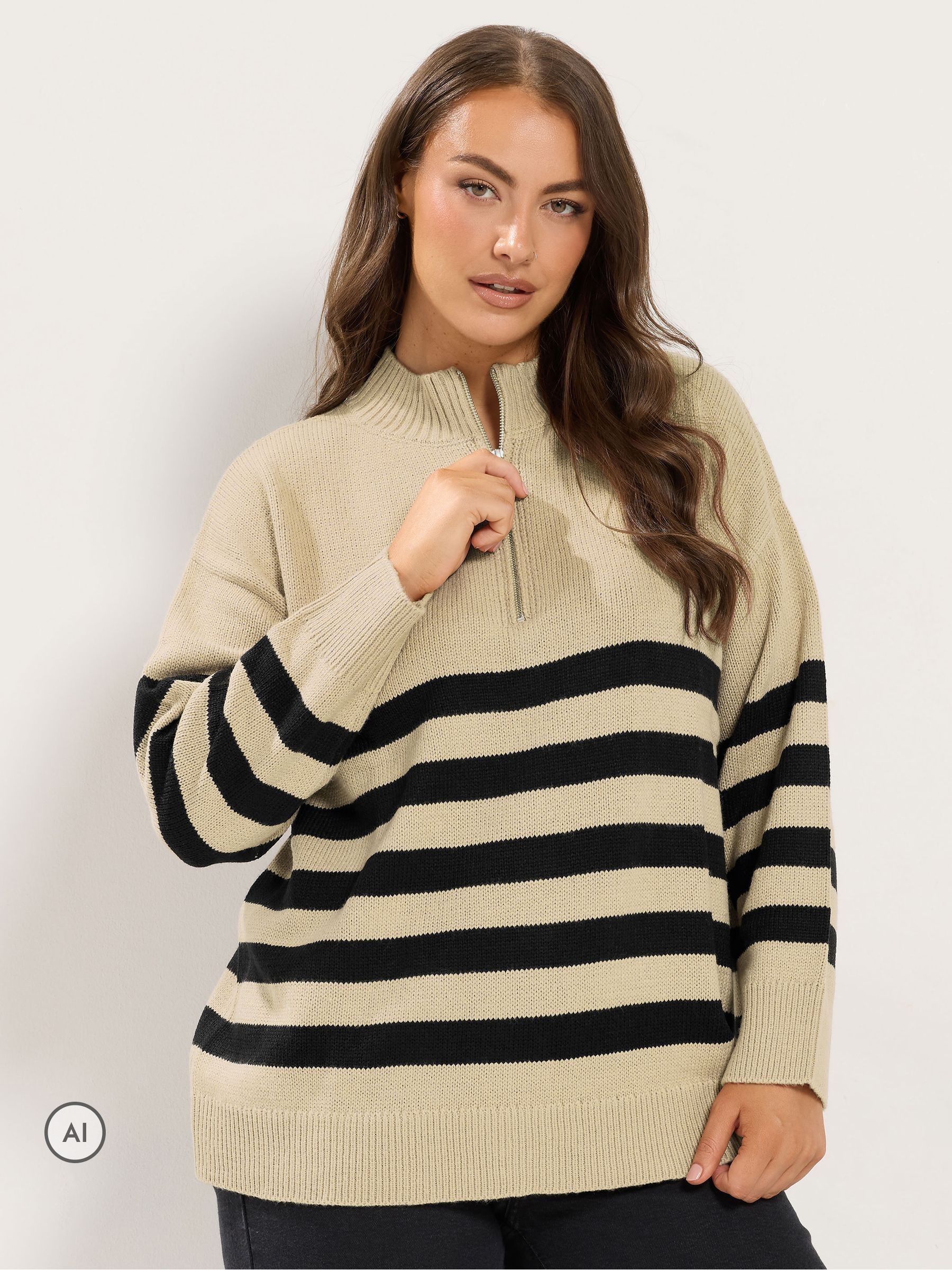Yours Women's Stripe Quarter Zip Jumper in Medium Beige | Size: 30-32 - Image 6