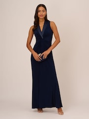 Adrianna Papell Blue Jersey Tuxedo Gown - Image 3 of 7