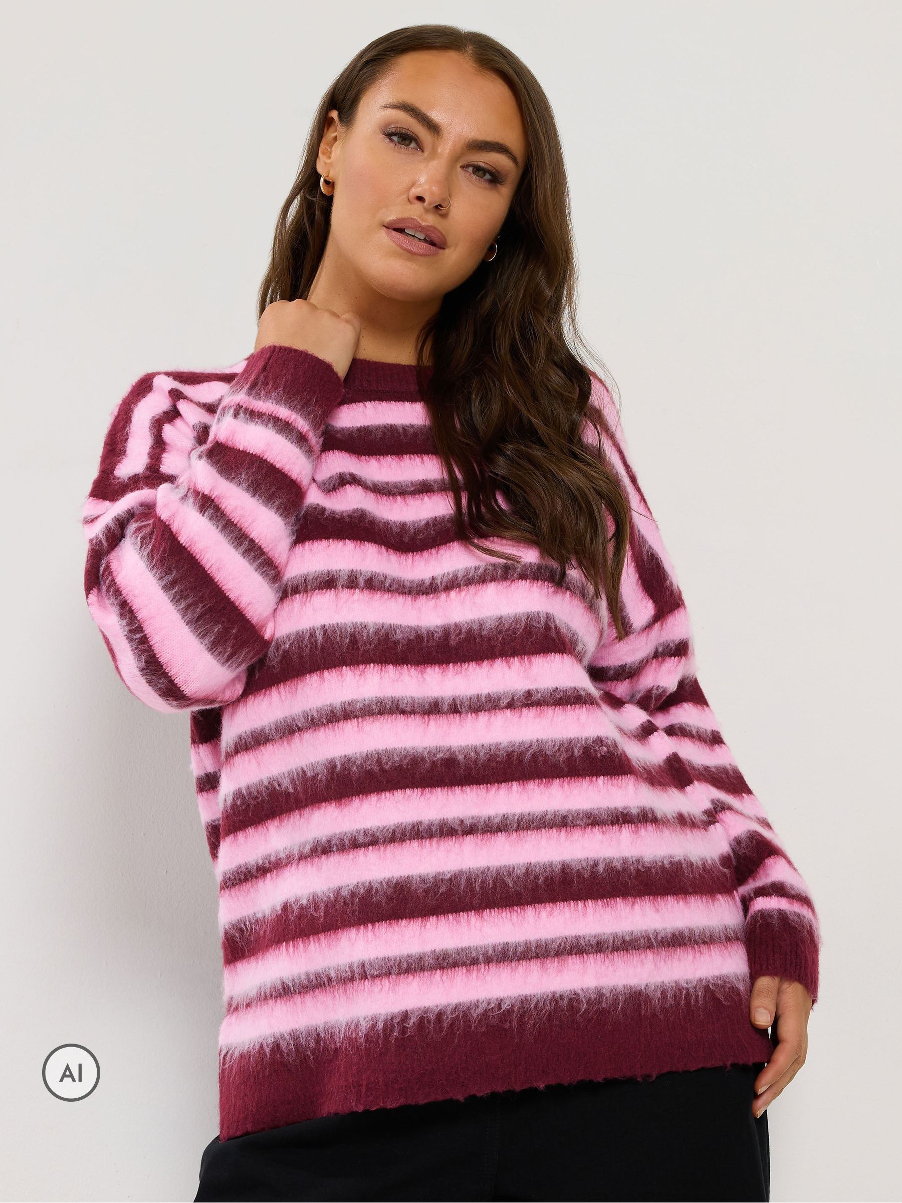 Yours Women's Pink Curve Brushed Striped Knitted Jumper - Image 3
