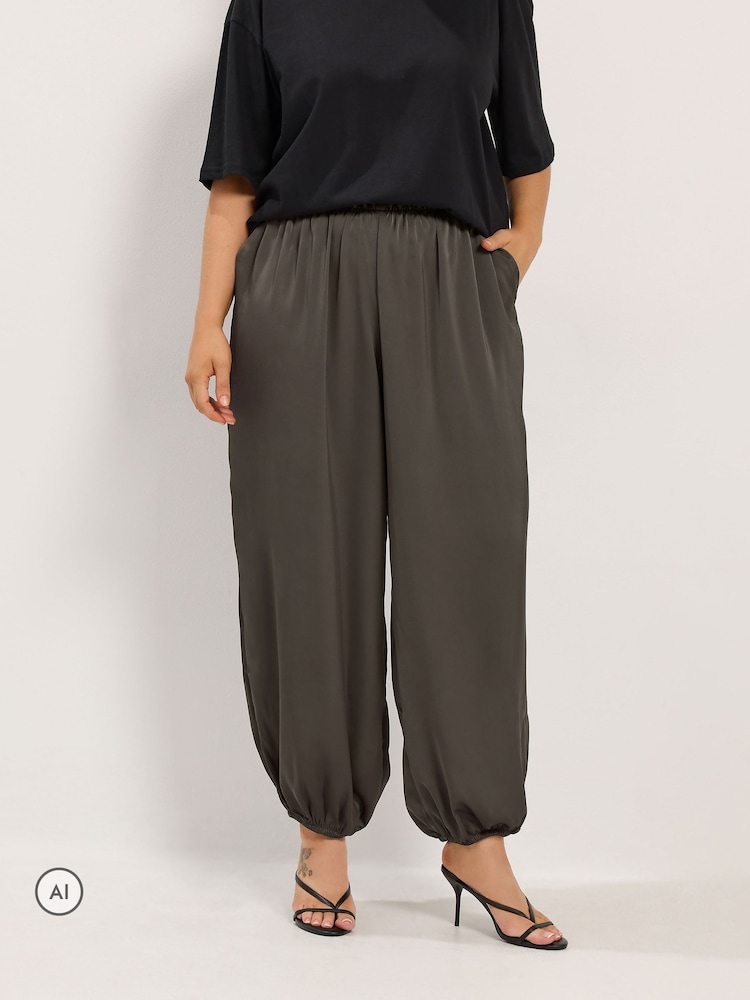 Yours Curve Brown Satin Balloon Trousers - Image 1 of 6 Yours Curve Brown Satin Balloon Trousers - Image 1 of 6